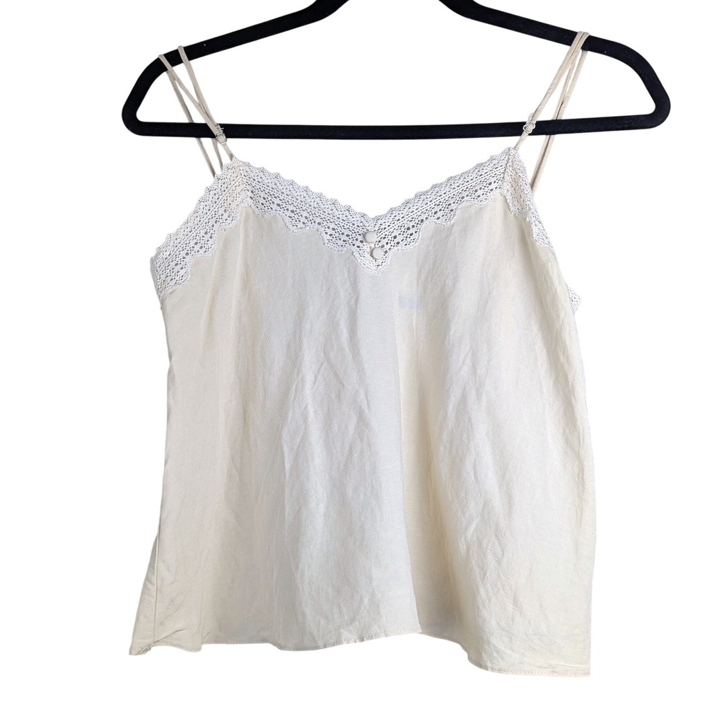 M Zara Womens Beige Linen Blend Crochet Lace Trim Cami Top Double Straps
